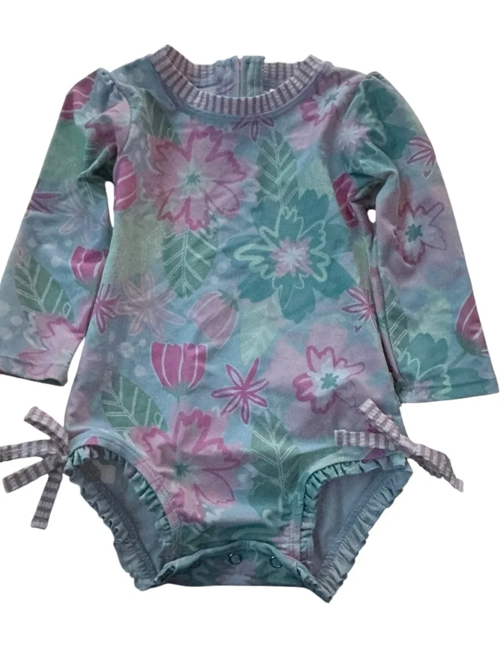 Ruffle Butts Floral Long-Sleeve One-Piece in Mint, Pink and Lavender